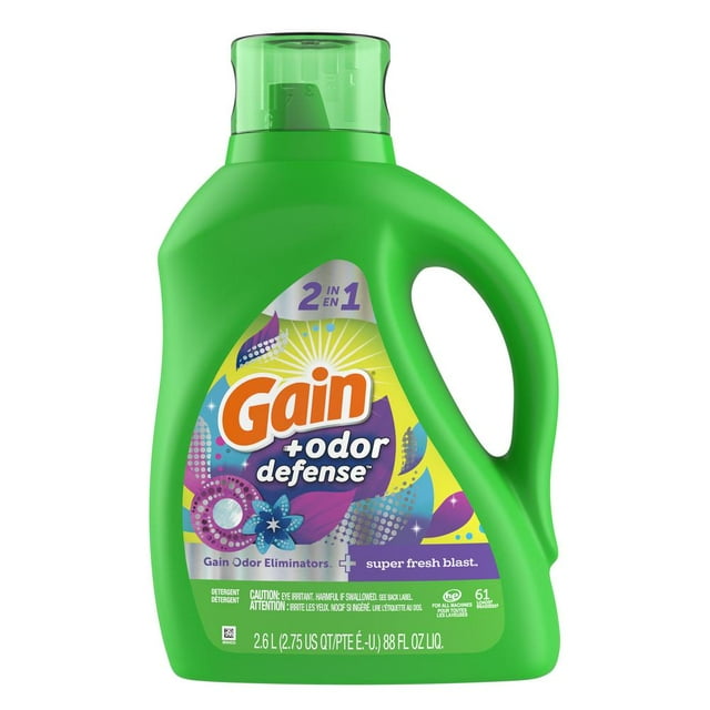 2X - Gain + Odor Defense HE Liquid Laundry Detergent, 61 Loads - Super Fresh Blast 88 oz
