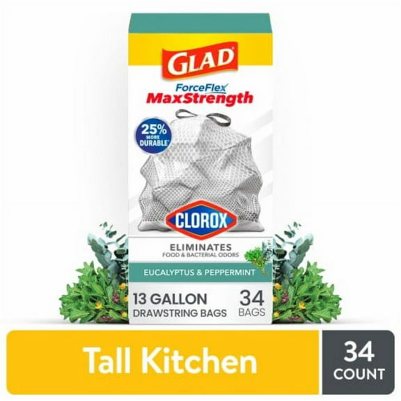 2X - Glad ForceFlex MaxStrength with Clorox Eucalyptus and Peppermint Tall Kitchen Drawstring Trash Bags