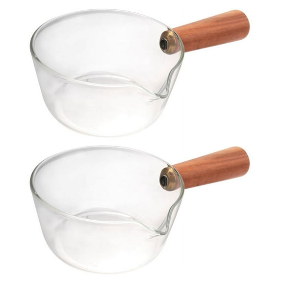 2X Glass Milk Pot with Wooden Handle 400Ml Cooking Pot for Salad Noodles Gas Stove Cookware
