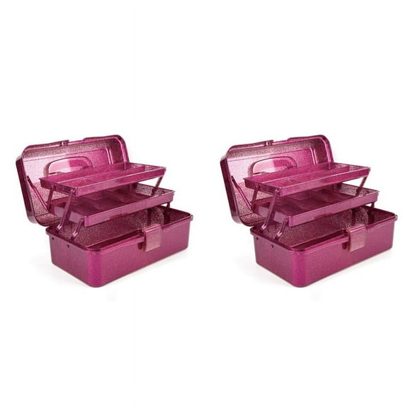 2X Glitter Pink & Craft Tool Storage Box,3-Layer Stackable Carry Tackle Box Sewing Organizer for Art