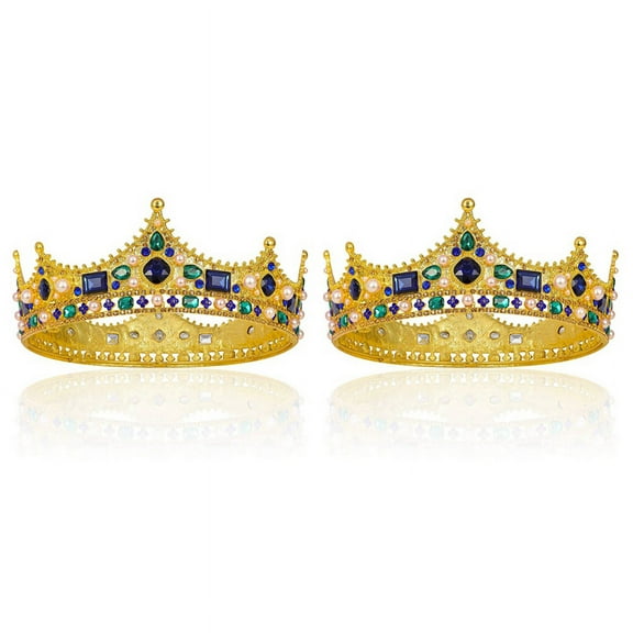 2X Gold Crowns for Men - Baroque Vintage Rhinestone , Men's Full Crown for Theater Prom Party,2 x crown,as shown