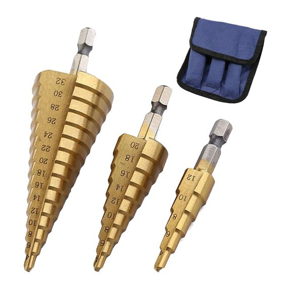 2X HSS Step Drill Bit 3, 4-12mm 4-20mm 4-32mm Cone Titanium Wood Hole Cutter Hex Drive Quick Change Tool