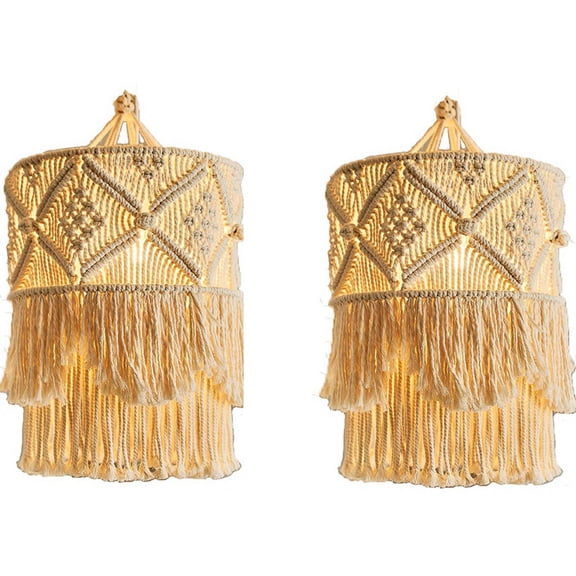 2X Handmade Wall Tapestry Lampshade Macrame Boho Decor Handcraft Tassel Tapestry Background Headboard Hanging,2 x lampshade,Beige