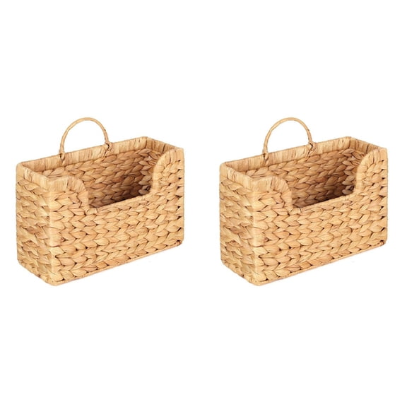 2X Handwoven Water Hyacinth Wall Magazine Holder - Hanging Organizer for Mail, Newspapers & Magazines, Boho Basket