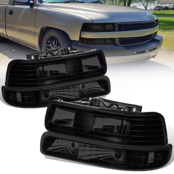 MOSTPLUS Smoke Headlights for 99-02 Chevy Silverado 00-06 Tahoe Suburban w/ Bumper Light