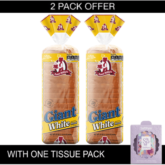 2X Aunt Millie's Giant White Bread, Enriched, 22 oz & Tissue Pack