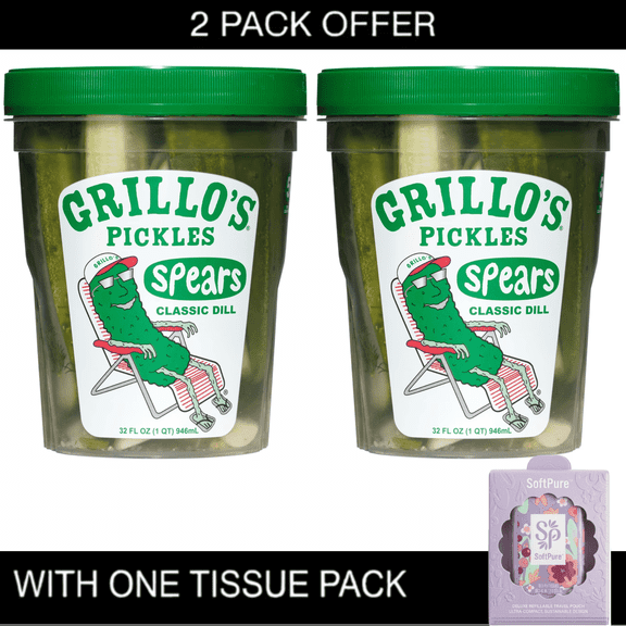 2X I Grillo's Pickles Classic Dill Pickle Spears, 32 fl oz, Jar & Tissue Pack