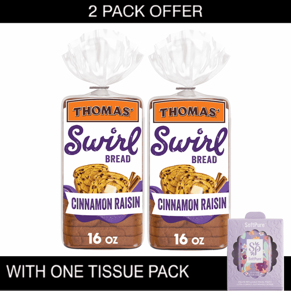 2X I Thomas' Cinnamon Raisin Swirl Bread, 16 oz, Cinnamon Bread, Bag & Tissue Pack