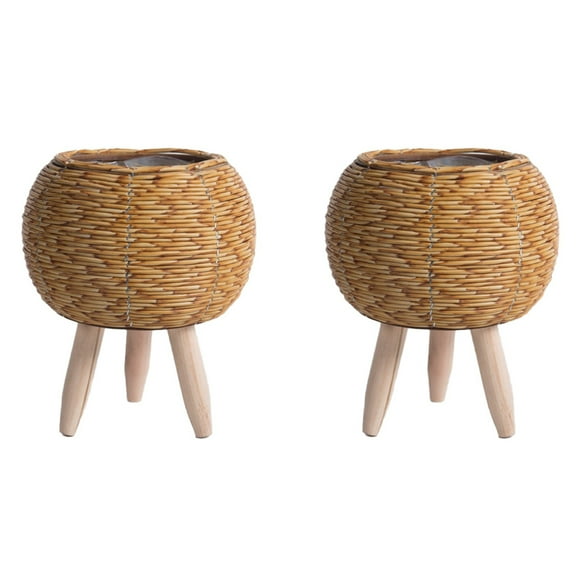 2X Imitation Rattan Woven Flower Shelf Handmade Storage Basket with Wooden Legs Plant Pot Stand Holder,A
