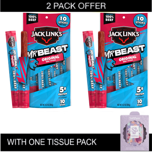 2X Jack Links x MrBeast Original Beef Sticks, 9.2 Ounce, 10 pack of .92 Ounce meat sticks with tissue pack