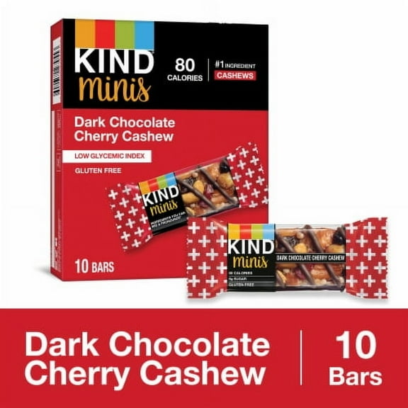 2X-KIND Minis Gluten Free Dark Chocolate Cherry Cashew Healthy Snack Bars - 0.7 oz - 10 ct