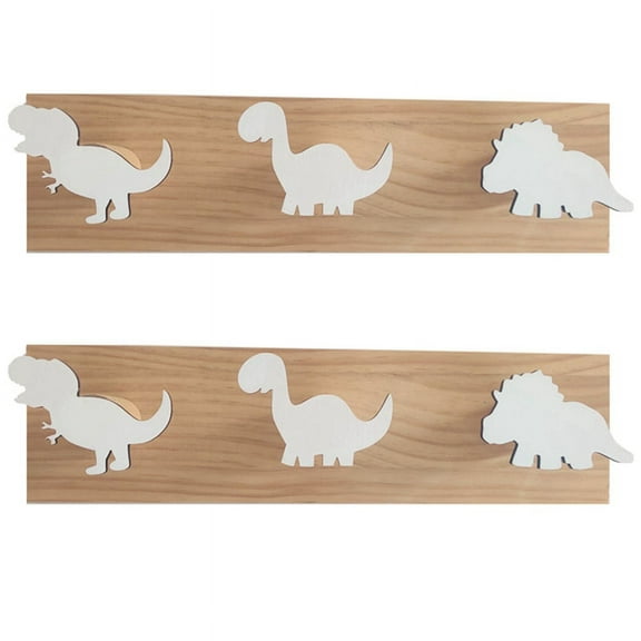 2X Kids Dinosaur Wall Mounted Coat Hooks Wooden Door Hanger for Boys Bedroom Nursery Playroom Decorations -White,2 x Coat Hooks,White