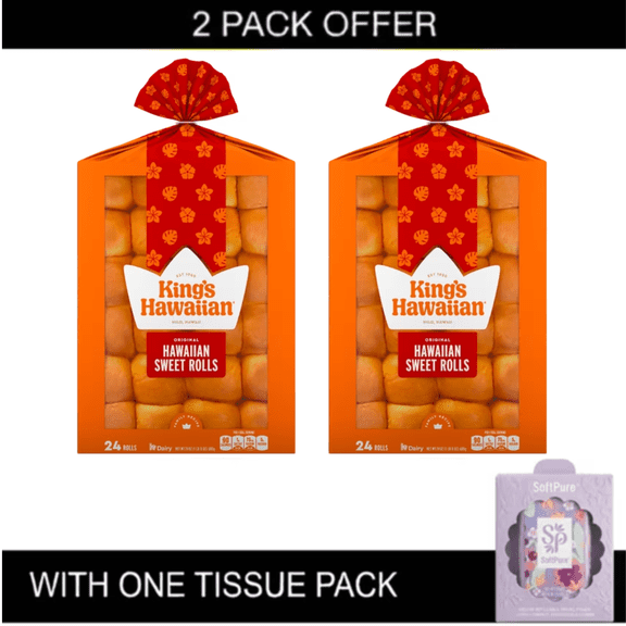 2X King's Hawaiian Original Hawaiian Sweet Dinner Rolls, 24 oz, Shelf-Stable with tissue pack