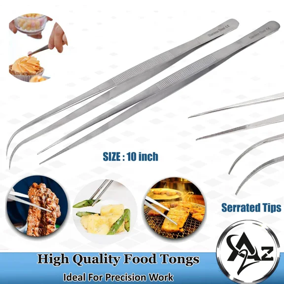 2X Kitchen Tweezer 10?Straight Curved Bbq Grill Plating Long Food Tong Chef Tool
