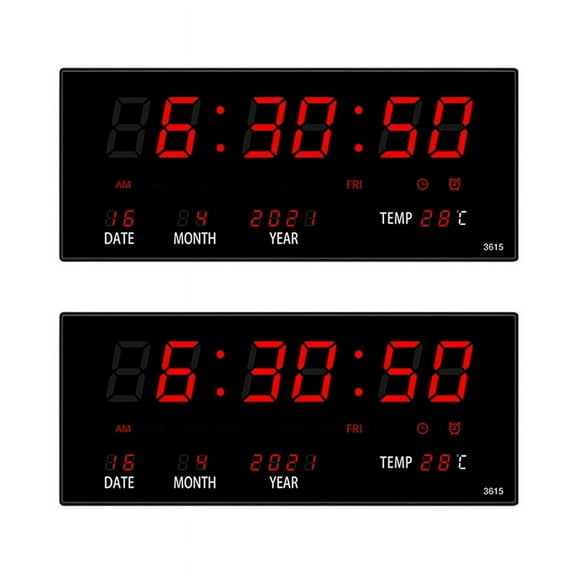 2X LED Calendar Electronic Clock Digital Wall Clock Alarm Hourly Chiming Temperature Table Clocks Red,2 x wall clock 2 x USB cable,Black&Red