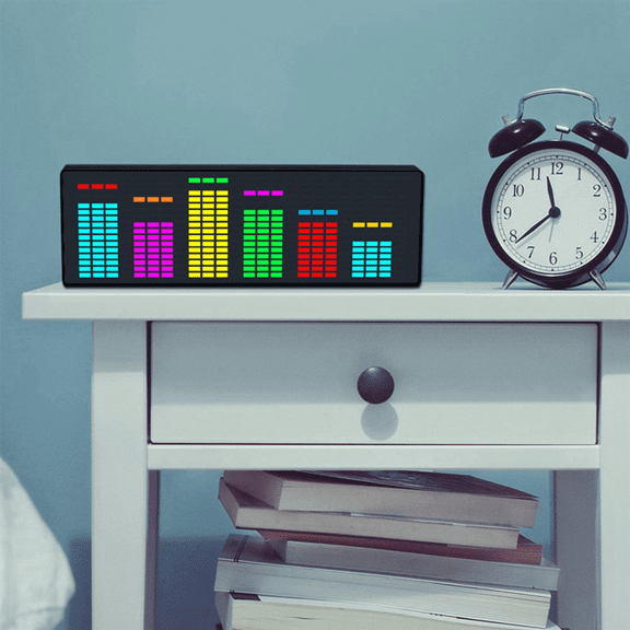 2X LED Music Spectrum Rhythm Lights Voice Sensor 1624 RGB Atmosphere Level Indicator with Clock Display(Wire Control)