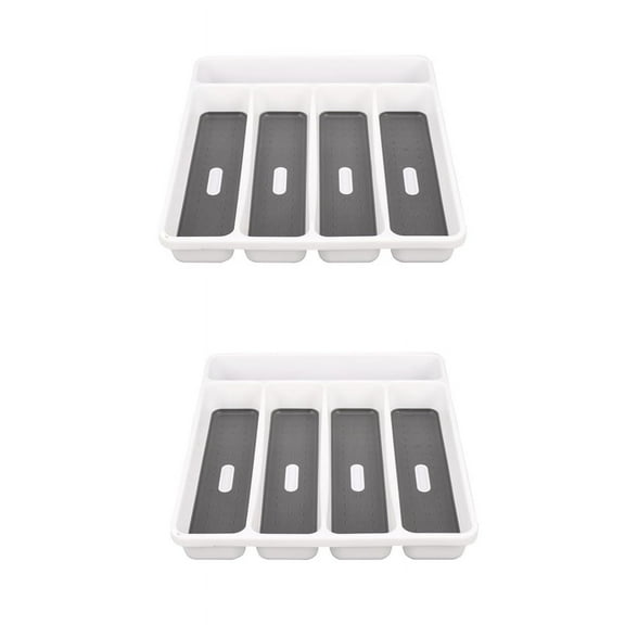 2X Large Gray Silverware Tray Fork Collection Container 5 Compartments Soft-Grip Plastic Storage Box for Tableware,2 x cutlery storage box,White&grey