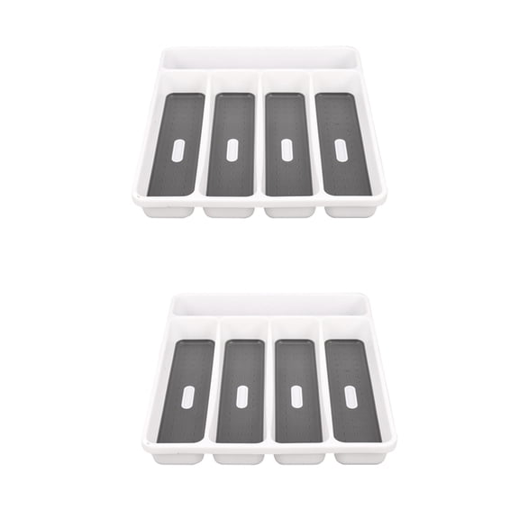 2X Large Gray Silverware Tray Fork Collection Container 5 Compartments Soft-Grip Plastic Storage Box for Tableware,2 x cutlery storage box,White&grey