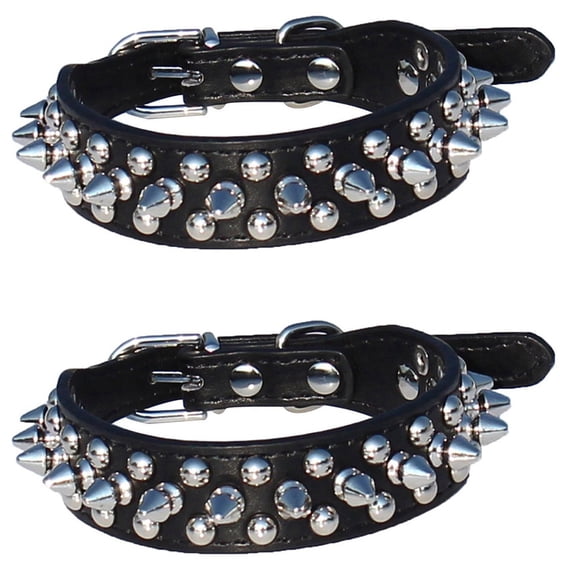 2X Leather Spiked Studded Dog Collar 1 Inch Wide for Small/X-Small Breeds and Puppies (Black, S: for Neck 6-8 Inch)