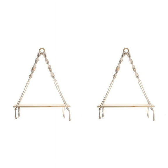 2X Macrame Wall Hanging Shelf - Boho Wood Wall Shelves with Beads, Farmhouse Floating Shelf Rustic Hanging Plant Shelf