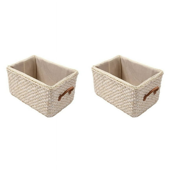 2X Manual Woven Storage Basket Handmade Laundry Wicker Baskets Sundries Organizer Clothes Toys Container White
