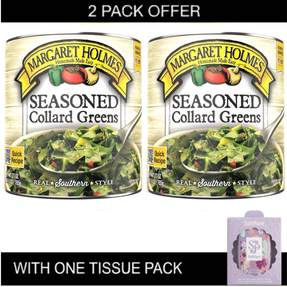 2X Margaret Holmes Seasoned Collard Greens, Canned Vegetables, 27 oz with tissue pack