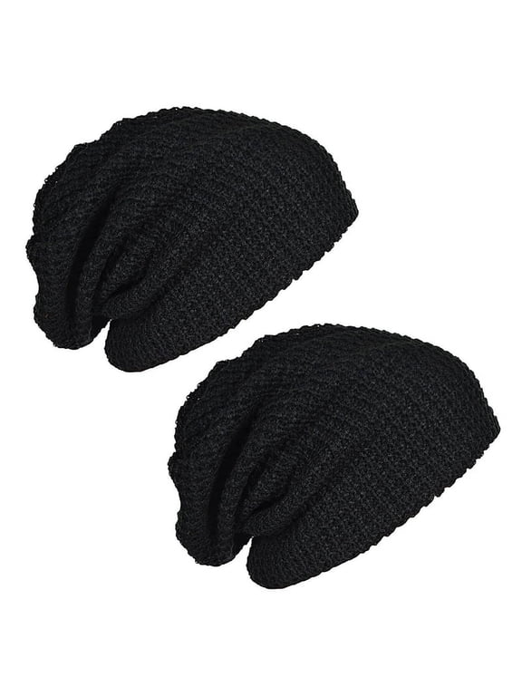 2X Mens Slouchy Long Beanie Knit Cap for Summer Winter Oversize Black