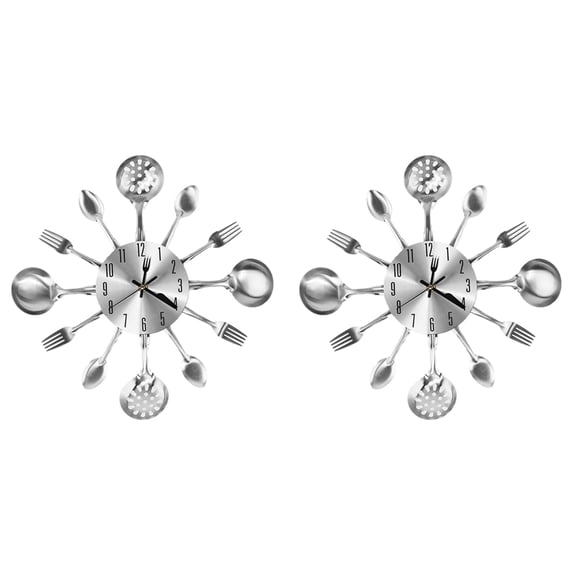 2X Metal Kitchen Cutlery Wall Clock 14 Inch with Fork Spoon 3D Non Ticking Quartz Watch Clock Silver