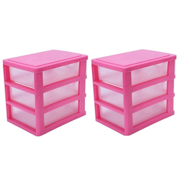 2X Mini Translucent Drawer Type Plastic Storage Box（Rose Red 3 Layers）
