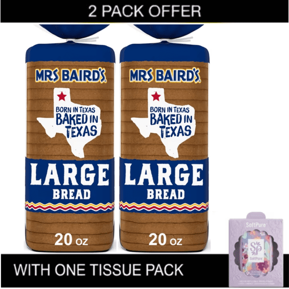 2X Mrs Baird's Large Bread, 20 oz with tissue pack