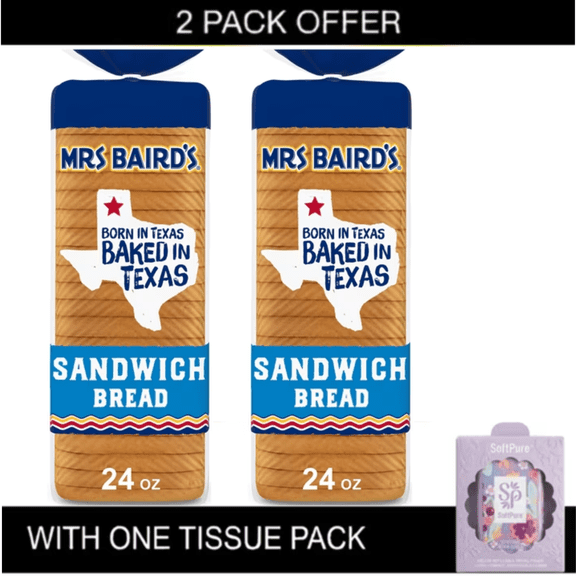 2X Mrs Baird's Sandwich Bread, 24 oz with tissue pack