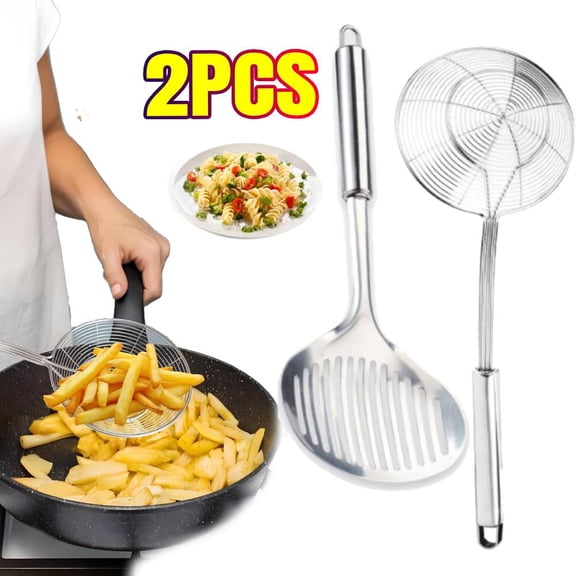 2X Multi Kitchen Utensil Stainless Steel Cooking Skimmer Slotted Fish Turner Spatula Spoon Colander Drain Water Filter Spoon Ladle Spider Strainer Skimmer Ladle for Cooking &Frying