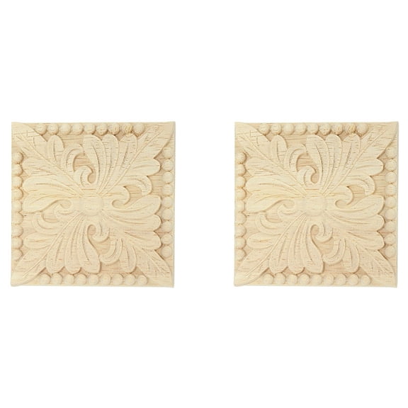 2X Natural Wood Appliques Square Flower Carving Decals Decorative Wooden Mouldings 10X10cm