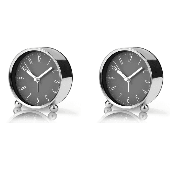 2X Non Ticking Alarm Clock,4 Inch Silent Bedside Clock for Heavy Sleepers, Battery Operated Analogue Clock,2 x Alarm Clock,Grey&Silver