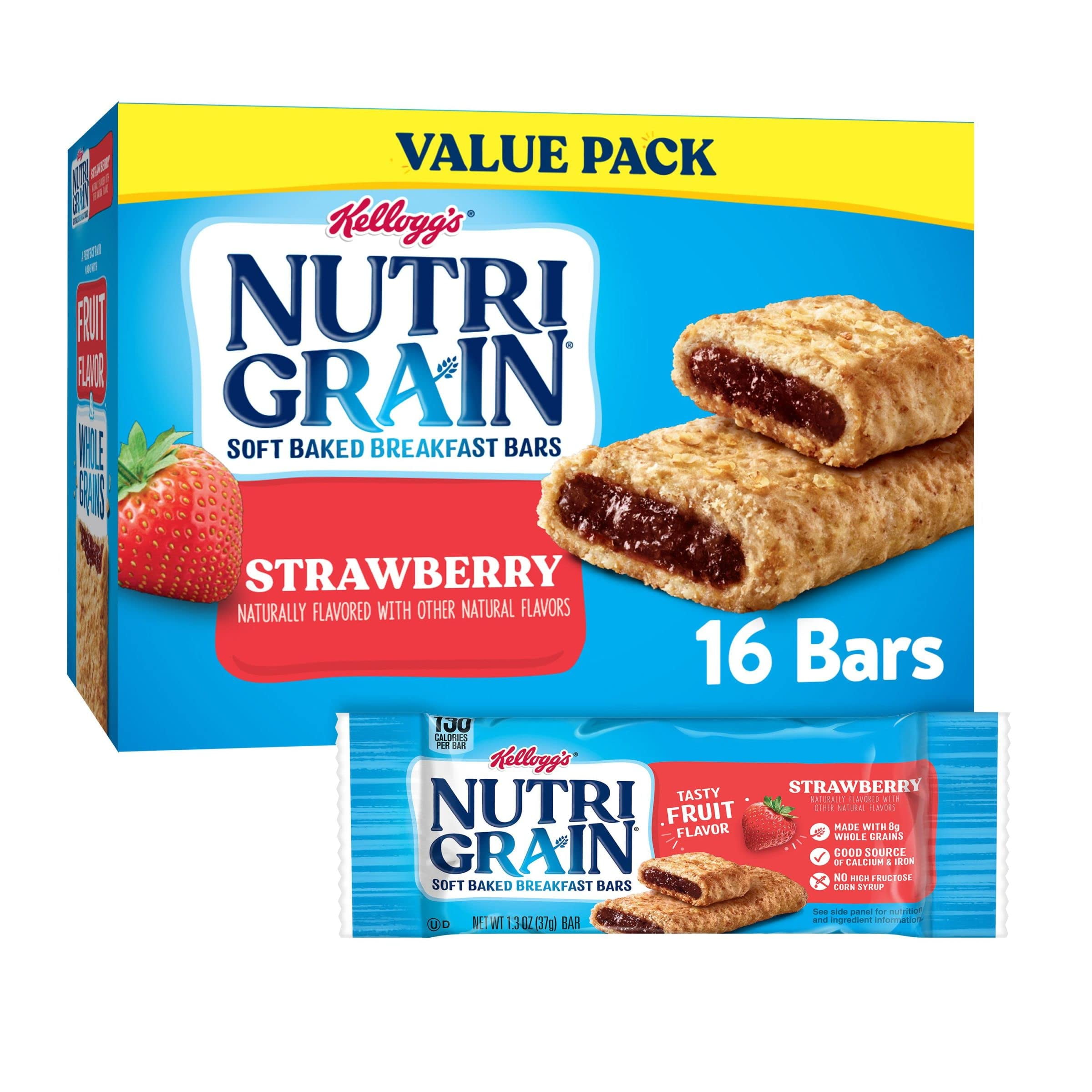 2X - Nutri-Grain Soft Baked Breakfast Bars, Made With Whole Grains, Kids Snacks, Value Pack, Strawberry, 20.8Oz Box (16 Bars)