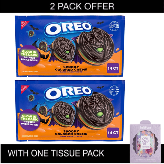 2X OREO Green and Orange Creme Chocolate Sandwich Cookies, Halloween Cookies, 14 Snack Packs with tissue pack