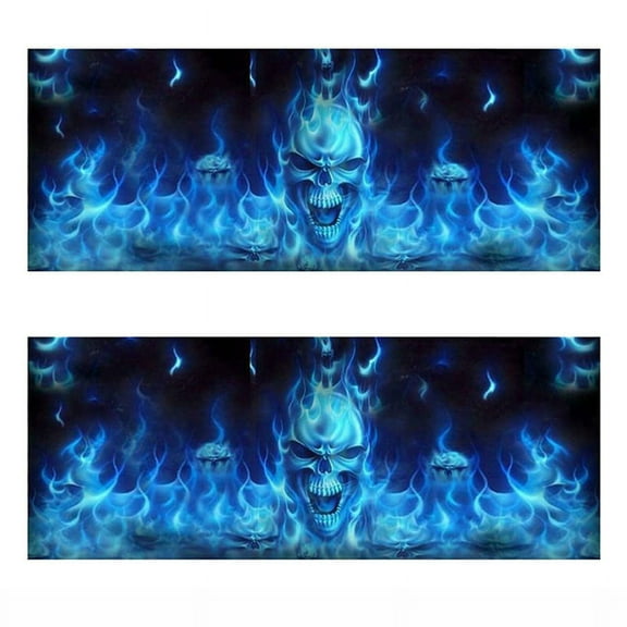 2X One Way Vision for Suv Pickup Blue Flaming Skull 3D Rear Windshield Decal Sticker Decor Rear Window Glass Poster