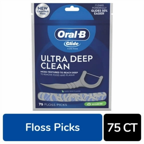 2X - Oral-B Glide Ultra Deep Clean Floss Picks, Removes Food and Plaque, Cool Mint Flavor, 75 Floss Picks