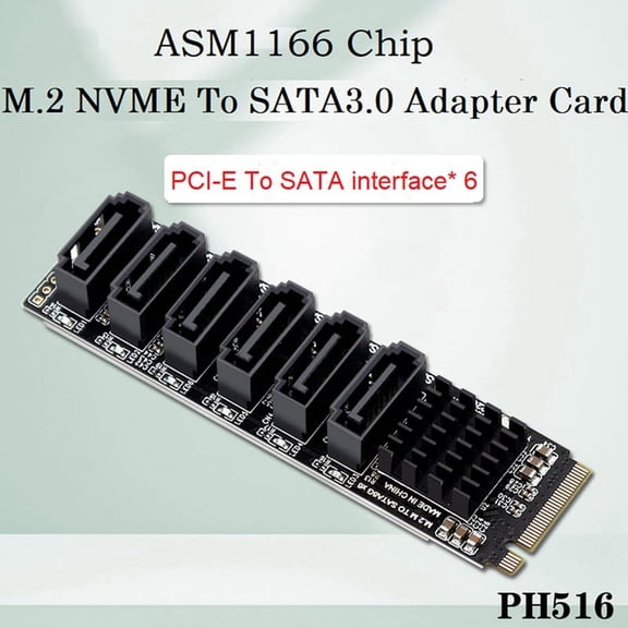 2X PCIE to 6Gpbsx6-Port Expansion Card+ Cable M.2 MKEY PCI-E Riser Card M.2 NVME to SATA3.0 ASM1166 Support PM,Black