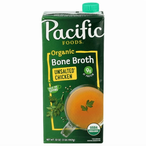 Pack of 2 - Pacific Foods Organic Chicken Unsalted Bone Broth 32 fl oz Packaging May Vary