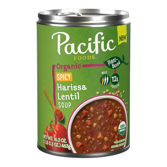 2X - Pacific Foods Organic Spicy Harissa Lentil Soup, Plant Based, 16.3 Oz Can