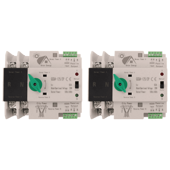 2X Photovoltaic Solar Power ATS Automatic Transfer Switch Din Rail 2P 63A AC220V ATS PV System Power to City Power,2 x Automatic Transfer Switch,White & Black