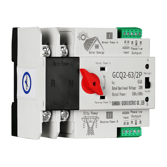 2X Photovoltaic Solar Power Automatic Transfer Switch Din Rail 2P 63A AC220V PV System Power to City Power
