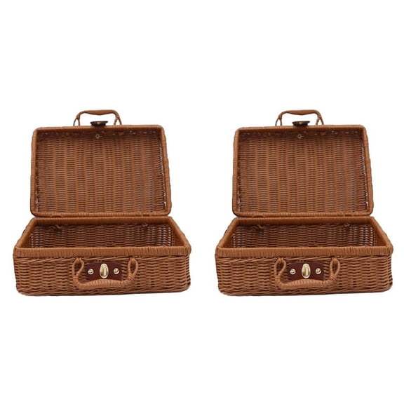 2X Picnic Basket,Woven Wicker Vintage Suitcase Woven Storage Basket Rattan Storage Case Picnic Weave Laundry Basket B
