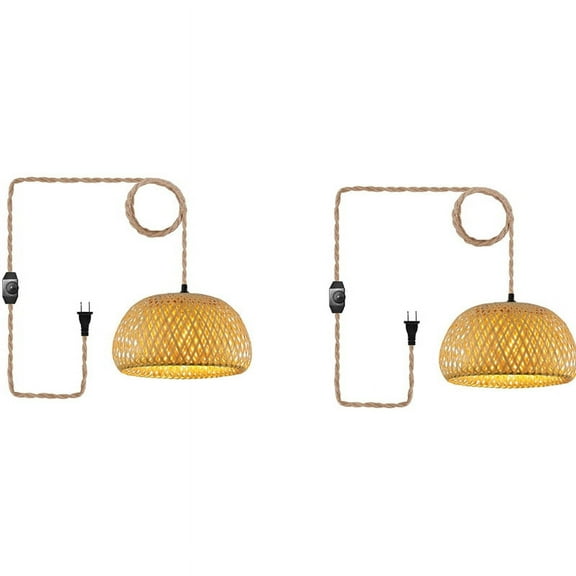 2X Plug in Pendant Light Hanging Lamp with Switch Rope Cord Bamboo Lampshade Wicker Rattan Hanging Lights US Plug