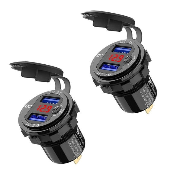 2X Quick Charge 3.0 Dual 12V USB Car Charger, Aluminum Socket with Switch Button and Red Digital Voltmeter, Waterproof
