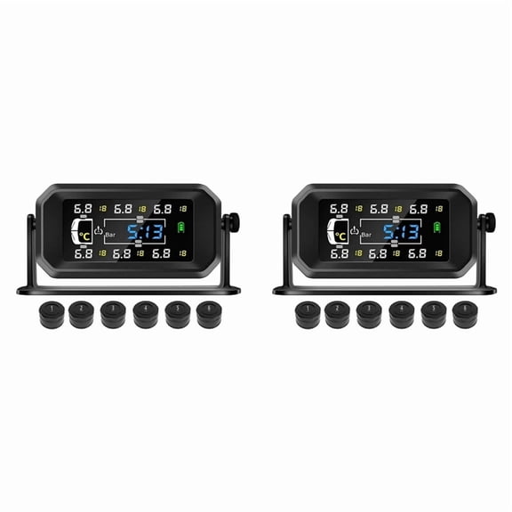 2X RV Truck TPMS 6 Wheels Sensor Solar Tire Pressure Monitoring System Temperature Clock Air Pressure Display Alarm A