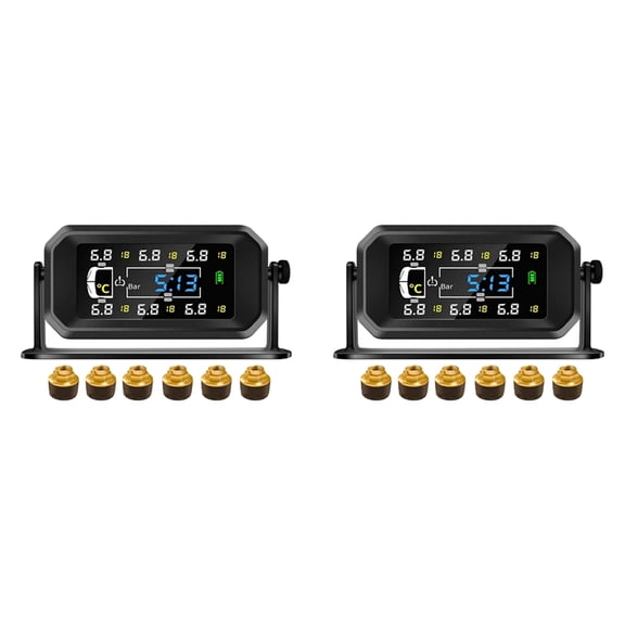 2X RV Truck TPMS 6 Wheels Sensor Solar Tire Pressure Monitoring System Temperature Clock Air Pressure Display Alarm B