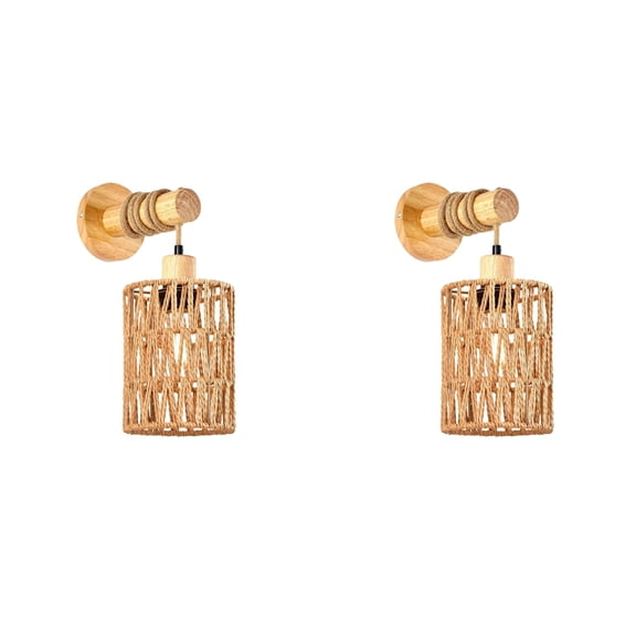 2X Rattan Rope Bedhead Wall Lamp Cylindrical Bedroom Light for Bedroom Farmhouse Countryside Decorative Lighting,B