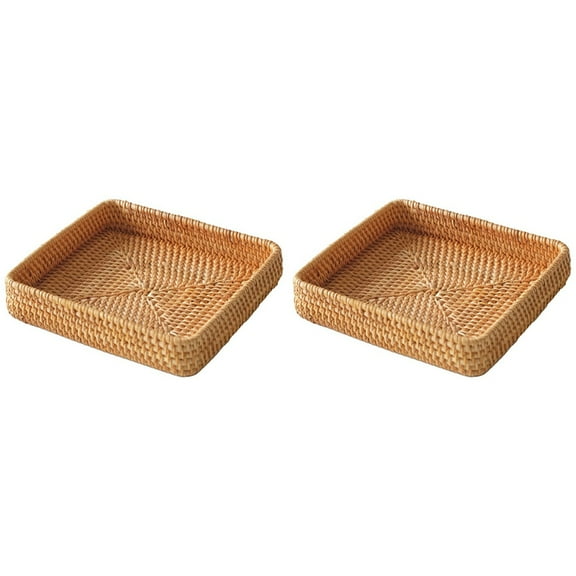 2X Rattan Serving Tray,Square Woven Tray Wicker Storage Basket,Square Wicker Baskets Wicker Serving Baskets